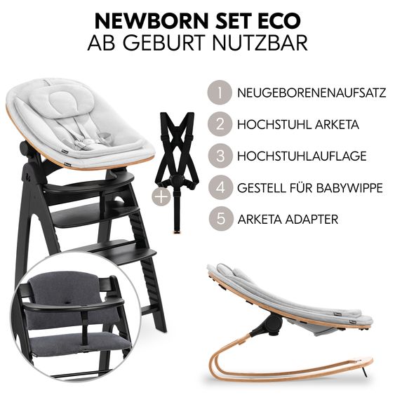 Hauck Arketa Blackwashed 4-tlg. Newborn Set Eco - Hochstuhl + 2in1 Babyaufsatz & Wippe + Sitzkissen - Light Grey / Charcoal