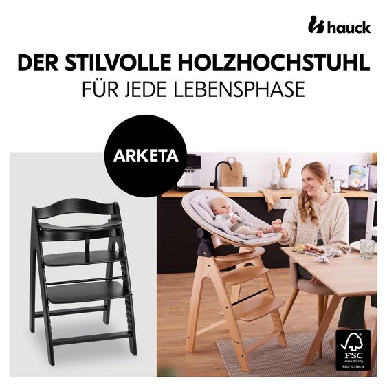 Hauck Arketa Blackwashed 4-tlg. Newborn Set Eco - Hochstuhl + 2in1 Babyaufsatz & Wippe + Sitzkissen - Light Grey / Charcoal