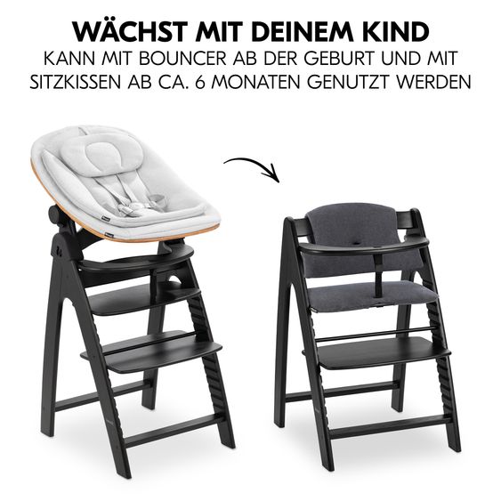 Hauck Arketa Blackwashed 4-tlg. Newborn Set Eco - Hochstuhl + 2in1 Babyaufsatz & Wippe + Sitzkissen - Light Grey / Charcoal