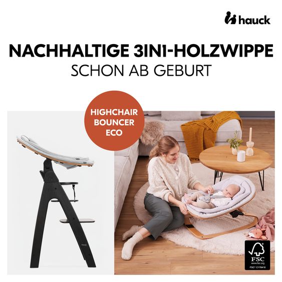 Hauck Arketa Blackwashed 4-tlg. Newborn Set Eco - Hochstuhl + 2in1 Babyaufsatz & Wippe + Sitzkissen - Light Grey / Charcoal