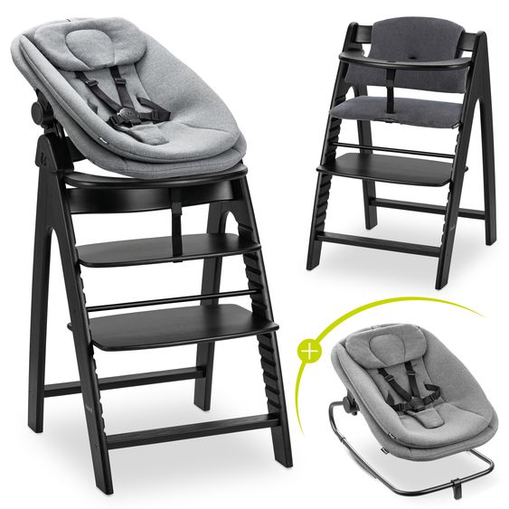 Hauck Arketa Blackwashed 4-tlg. Newborn Set - Hochstuhl + 2in1 Babyaufsatz & Wippe + Sitzkissen - Melange Dark Grey