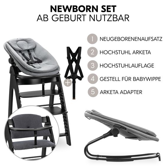 Hauck Arketa Blackwashed 4-tlg. Newborn Set - Hochstuhl + 2in1 Babyaufsatz & Wippe + Sitzkissen - Melange Dark Grey