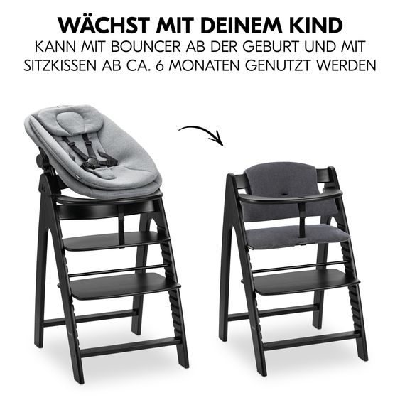 Hauck Arketa Blackwashed 4-tlg. Newborn Set - Hochstuhl + 2in1 Babyaufsatz & Wippe + Sitzkissen - Melange Dark Grey