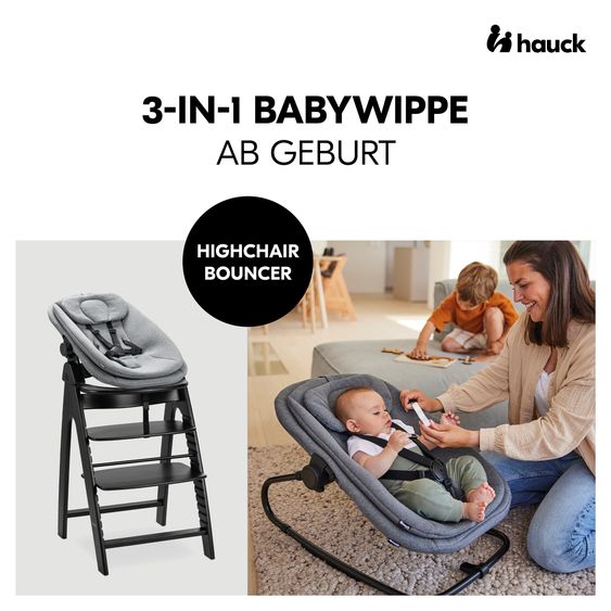 Hauck Arketa Blackwashed 4-tlg. Newborn Set - Hochstuhl + 2in1 Babyaufsatz & Wippe + Sitzkissen - Melange Dark Grey