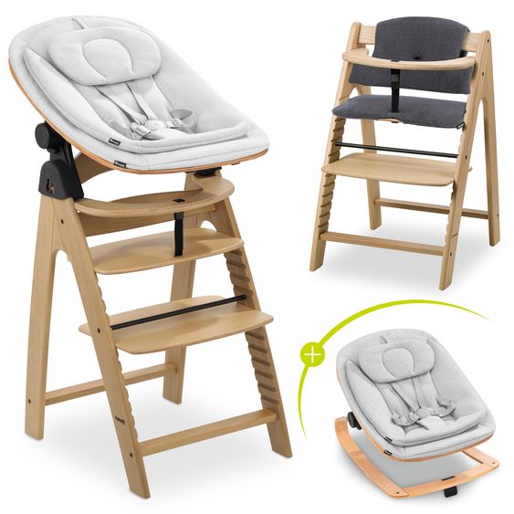 Hauck Arketa Oak 4-tlg. Newborn Set Eco - Hochstuhl + 2in1 Babyaufsatz & Wippe + Sitzkissen - Light Grey / Charcoal