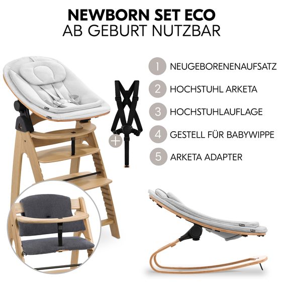 Hauck Arketa Oak 4-tlg. Newborn Set Eco - Hochstuhl + 2in1 Babyaufsatz & Wippe + Sitzkissen - Light Grey / Charcoal