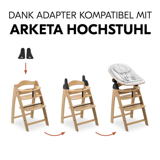 Hauck Arketa Oak 4-tlg. Newborn Set Eco - Hochstuhl + 2in1 Babyaufsatz & Wippe + Sitzkissen - Light Grey / Charcoal