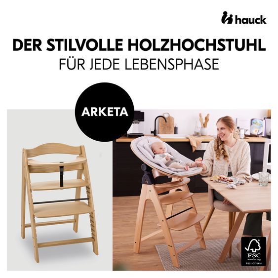 Hauck Arketa Oak 4-tlg. Newborn Set Eco - Hochstuhl + 2in1 Babyaufsatz & Wippe + Sitzkissen - Light Grey / Charcoal