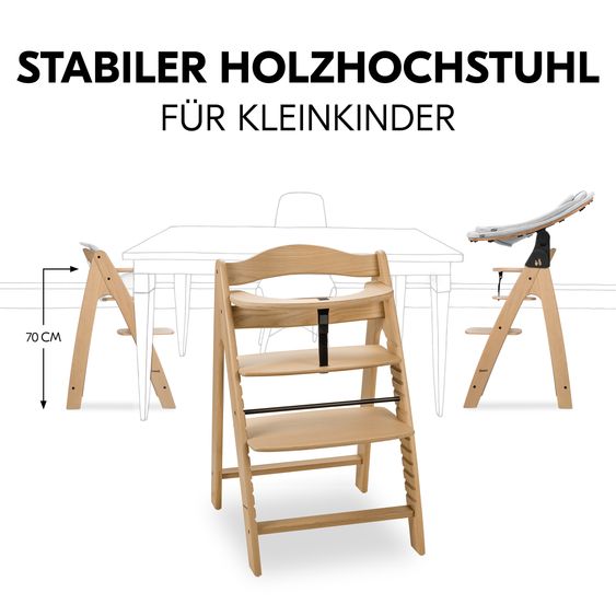 Hauck Arketa Oak 4-tlg. Newborn Set Eco - Hochstuhl + 2in1 Babyaufsatz & Wippe + Sitzkissen - Light Grey / Charcoal