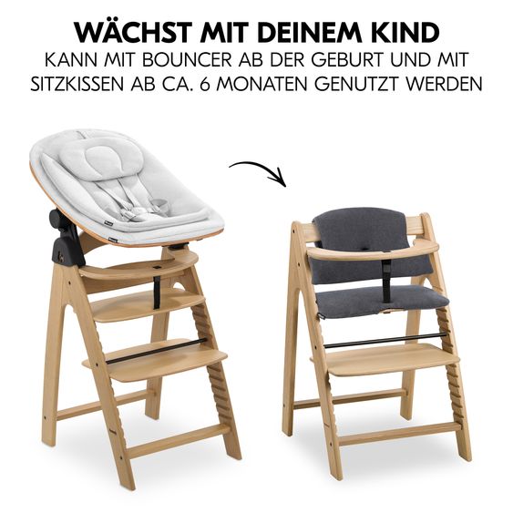 Hauck Arketa Oak 4-tlg. Newborn Set Eco - Hochstuhl + 2in1 Babyaufsatz & Wippe + Sitzkissen - Light Grey / Charcoal