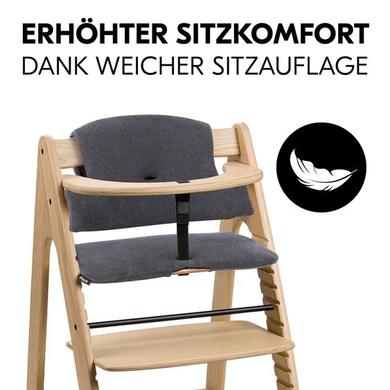 Hauck Arketa Oak 4-tlg. Newborn Set Eco - Hochstuhl + 2in1 Babyaufsatz & Wippe + Sitzkissen - Light Grey / Charcoal