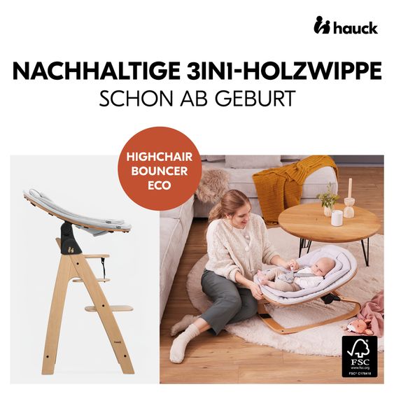 Hauck Arketa Oak 4-tlg. Newborn Set Eco - Hochstuhl + 2in1 Babyaufsatz & Wippe + Sitzkissen - Light Grey / Charcoal