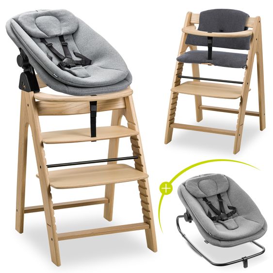 Hauck Arketa Oak 4-tlg. Newborn Set - Hochstuhl + 2in1 Babyaufsatz & Wippe + Sitzkissen - Melange Dark Grey