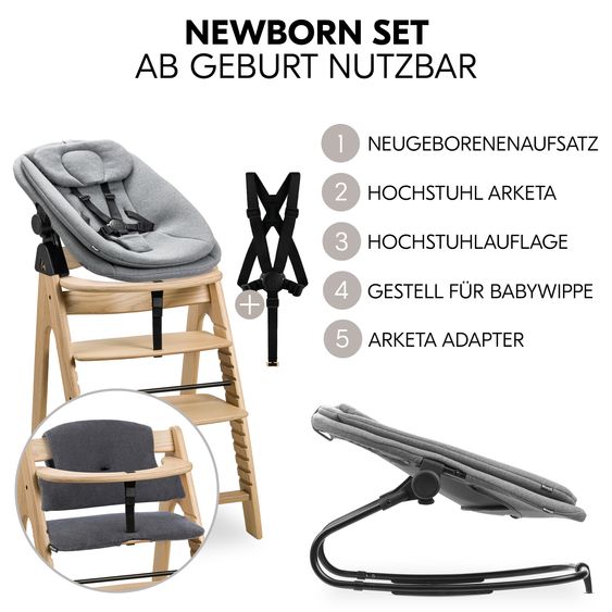 Hauck Arketa Oak 4-tlg. Newborn Set - Hochstuhl + 2in1 Babyaufsatz & Wippe + Sitzkissen - Melange Dark Grey