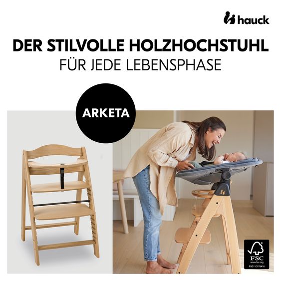 Hauck Arketa Oak 4-tlg. Newborn Set - Hochstuhl + 2in1 Babyaufsatz & Wippe + Sitzkissen - Melange Dark Grey