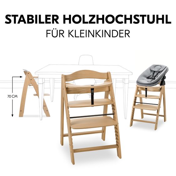 Hauck Arketa Oak 4-tlg. Newborn Set - Hochstuhl + 2in1 Babyaufsatz & Wippe + Sitzkissen - Melange Dark Grey