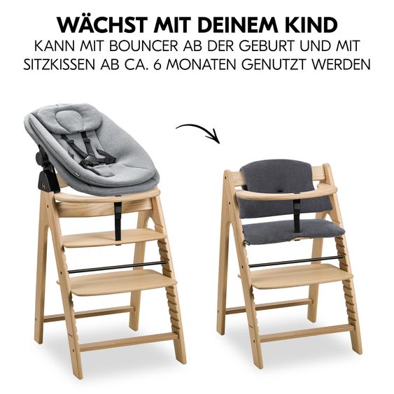 Hauck Arketa Oak 4-tlg. Newborn Set - Hochstuhl + 2in1 Babyaufsatz & Wippe + Sitzkissen - Melange Dark Grey