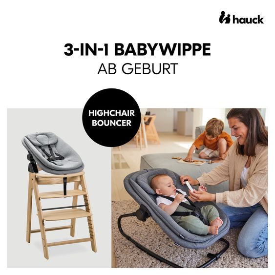 Hauck Arketa Oak 4-tlg. Newborn Set - Hochstuhl + 2in1 Babyaufsatz & Wippe + Sitzkissen - Melange Dark Grey