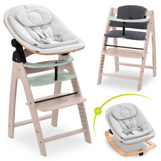 Hauck Arketa Whitewashed Mint 4-tlg. Newborn Set Eco - Hochstuhl + 2in1 Babyaufsatz & Wippe + Sitzkissen - Light Grey / Charcoal