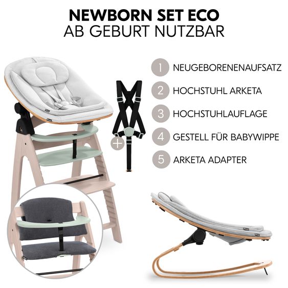 Hauck Arketa Whitewashed Mint 4-tlg. Newborn Set Eco - Hochstuhl + 2in1 Babyaufsatz & Wippe + Sitzkissen - Light Grey / Charcoal