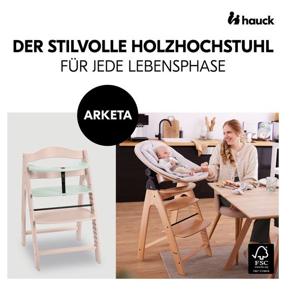 Hauck Arketa Whitewashed Mint 4-tlg. Newborn Set Eco - Hochstuhl + 2in1 Babyaufsatz & Wippe + Sitzkissen - Light Grey / Charcoal