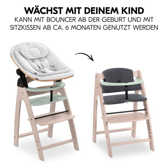 Hauck Arketa Whitewashed Mint 4-tlg. Newborn Set Eco - Hochstuhl + 2in1 Babyaufsatz & Wippe + Sitzkissen - Light Grey / Charcoal