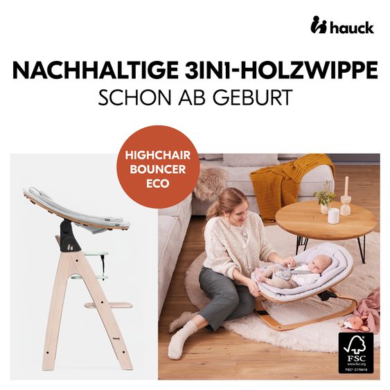 Hauck Arketa Whitewashed Mint 4-tlg. Newborn Set Eco - Hochstuhl + 2in1 Babyaufsatz & Wippe + Sitzkissen - Light Grey / Charcoal