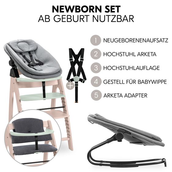 Hauck Arketa Whitewashed Mint 4-tlg. Newborn Set - Hochstuhl + 2in1 Babyaufsatz & Wippe + Sitzkissen - Melange Dark Grey