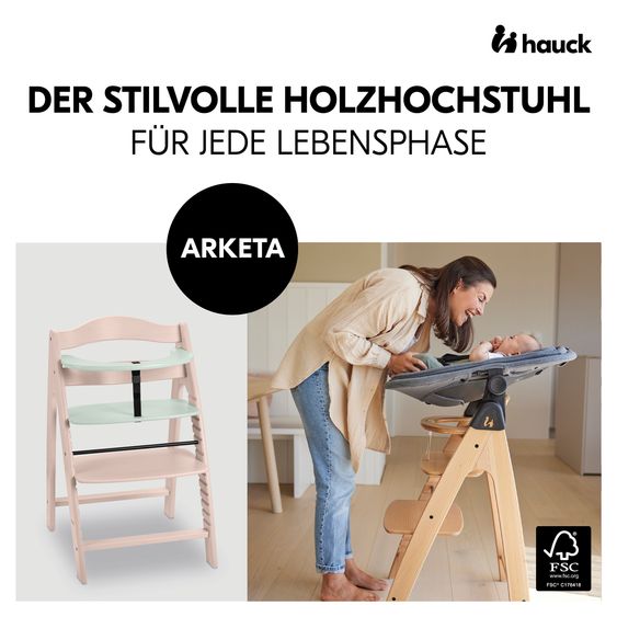 Hauck Arketa Whitewashed Mint 4-tlg. Newborn Set - Hochstuhl + 2in1 Babyaufsatz & Wippe + Sitzkissen - Melange Dark Grey