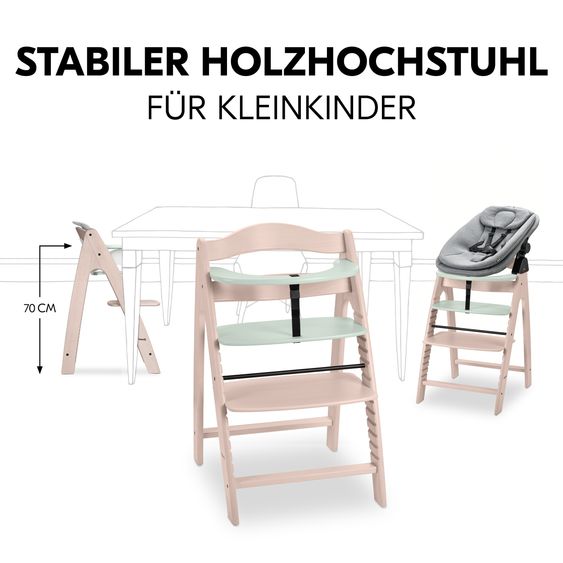 Hauck Arketa Whitewashed Mint 4-tlg. Newborn Set - Hochstuhl + 2in1 Babyaufsatz & Wippe + Sitzkissen - Melange Dark Grey