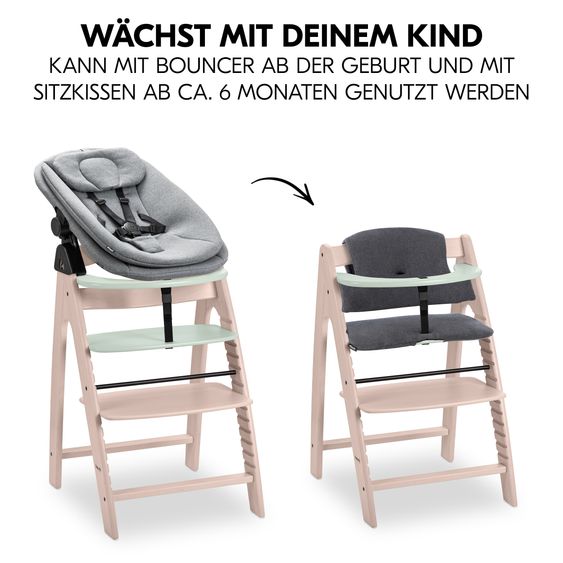 Hauck Arketa Whitewashed Mint 4-tlg. Newborn Set - Hochstuhl + 2in1 Babyaufsatz & Wippe + Sitzkissen - Melange Dark Grey