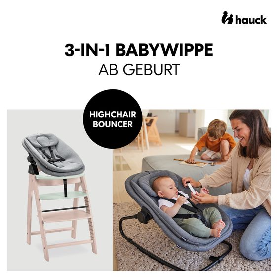 Hauck Arketa Whitewashed Mint 4-tlg. Newborn Set - Hochstuhl + 2in1 Babyaufsatz & Wippe + Sitzkissen - Melange Dark Grey