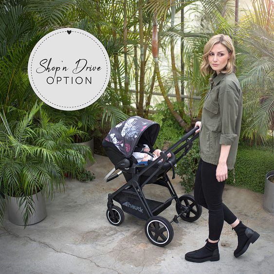 Hauck Babyschale iPro Baby - i-Size (ab Geburt bis 18 Monate) inkl. Sitzverkleinerer und Sonnenverdeck - Wild Blooms Black