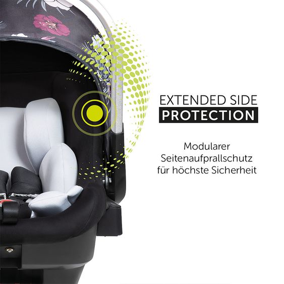 Hauck Babyschale iPro Baby - i-Size (ab Geburt bis 18 Monate) inkl. Sitzverkleinerer und Sonnenverdeck - Wild Blooms Black