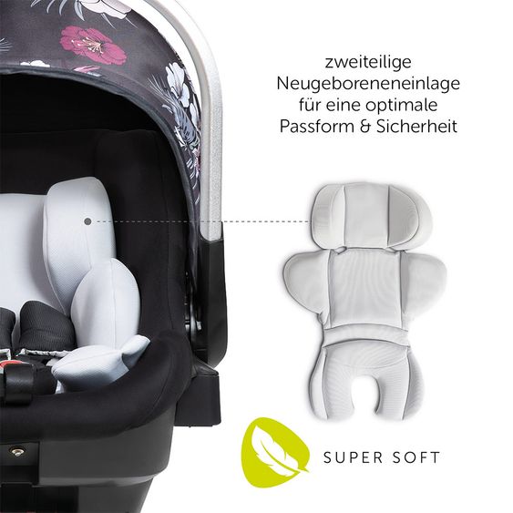 Hauck Babyschale iPro Baby - i-Size (ab Geburt bis 18 Monate) inkl. Sitzverkleinerer und Sonnenverdeck - Wild Blooms Black