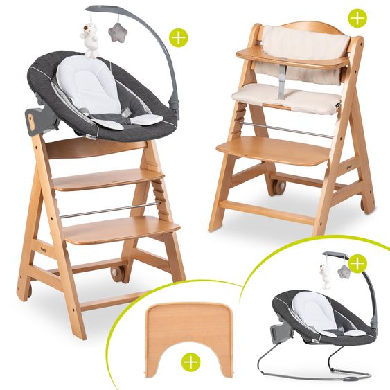 Hauck Beta Plus 5-tlg. Newborn Set - Hochstuhl + 2in1 Neugeborenenaufsatz & Wippe Deluxe + Essbrett + Sitzkissen - Melange Grey - Natural
