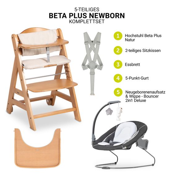 Hauck Beta Plus 5-tlg. Newborn Set - Hochstuhl + 2in1 Neugeborenenaufsatz & Wippe Deluxe + Essbrett + Sitzkissen - Melange Grey - Natural