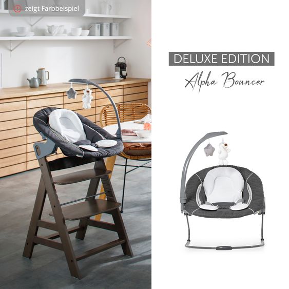 Hauck Beta Plus 5-tlg. Newborn Set - Hochstuhl + 2in1 Neugeborenenaufsatz & Wippe Deluxe + Essbrett + Sitzkissen - Melange Grey - Natural