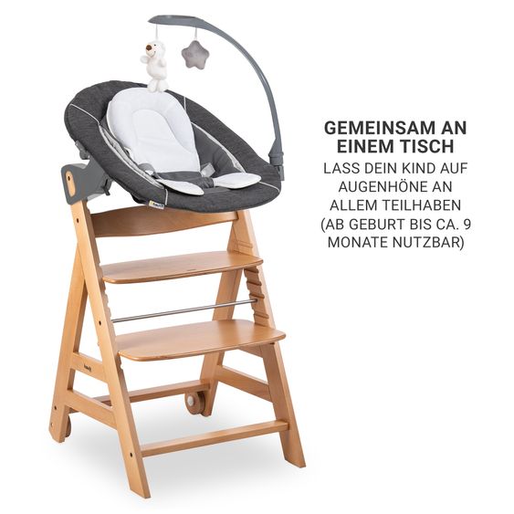 Hauck Beta Plus 5-tlg. Newborn Set - Hochstuhl + 2in1 Neugeborenenaufsatz & Wippe Deluxe + Essbrett + Sitzkissen - Melange Grey - Natural