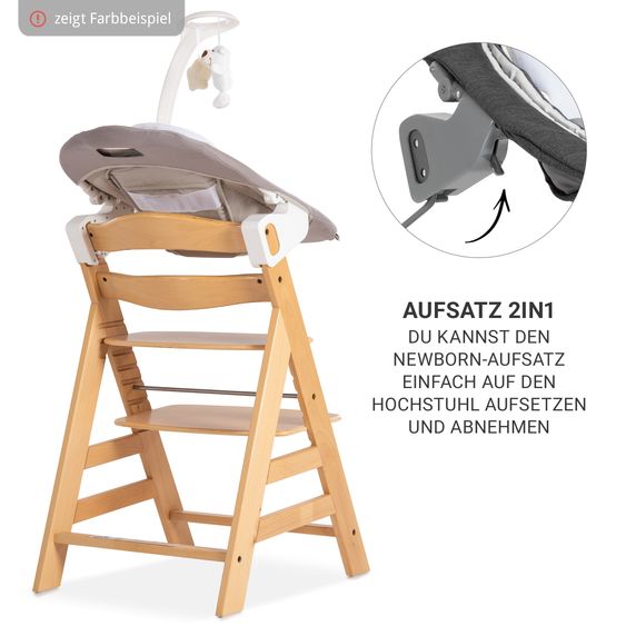 Hauck Beta Plus 5-tlg. Newborn Set - Hochstuhl + 2in1 Neugeborenenaufsatz & Wippe Deluxe + Essbrett + Sitzkissen - Melange Grey - Natural