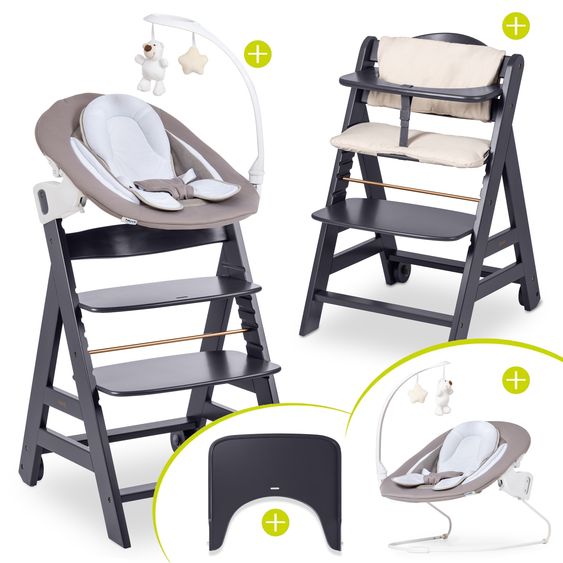 Hauck Beta Plus 5-pcs Newborn Set - Highchair + 2in1 Newborn Insert & Rocker Deluxe + Feeding Tray + Seat Cushion - Dark Grey
