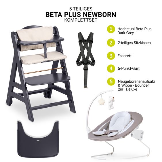 Hauck Beta Plus 5-pcs Newborn Set - Highchair + 2in1 Newborn Insert & Rocker Deluxe + Feeding Tray + Seat Cushion - Dark Grey
