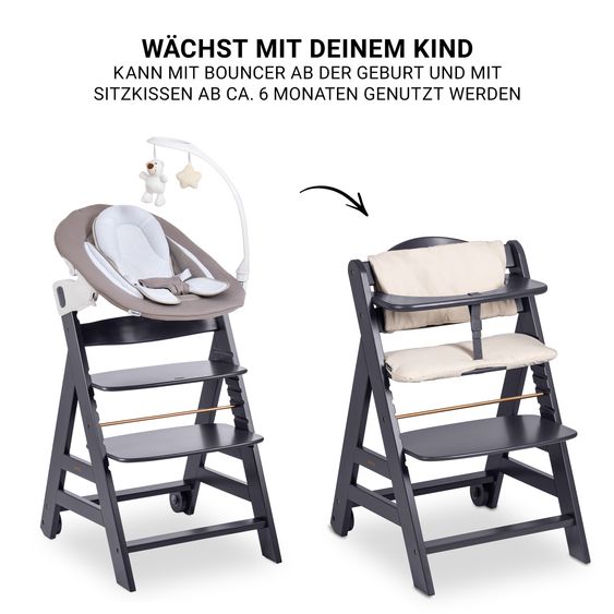 Hauck Beta Plus 5-pcs Newborn Set - Highchair + 2in1 Newborn Insert & Rocker Deluxe + Feeding Tray + Seat Cushion - Dark Grey