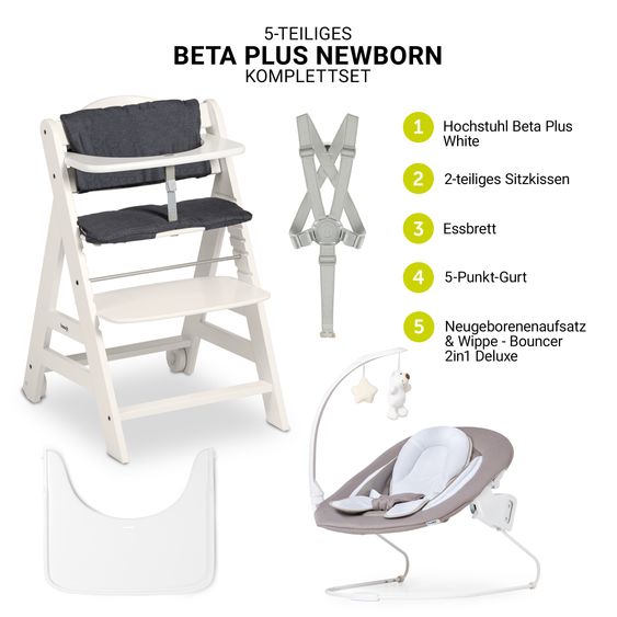 Hauck Beta Plus 5-pcs Newborn Set - Highchair + 2in1 Newborn Insert & Rocker Deluxe + Feeding Tray + Seat Cushion - White