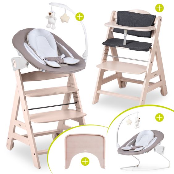 Hauck Beta Plus 5-tlg. Newborn Set - Hochstuhl + 2in1 Neugeborenenaufsatz & Wippe Deluxe + Essbrett + Sitzkissen - Sand - Whitewashed