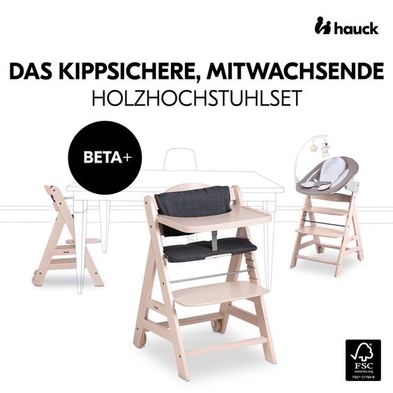Hauck Beta Plus 5-tlg. Newborn Set - Hochstuhl + 2in1 Neugeborenenaufsatz & Wippe Deluxe + Essbrett + Sitzkissen - Sand - Whitewashed