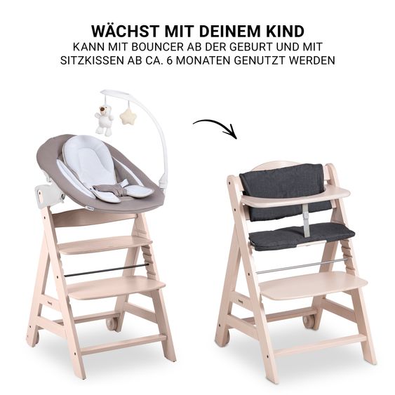 Hauck Beta Plus 5-tlg. Newborn Set - Hochstuhl + 2in1 Neugeborenenaufsatz & Wippe Deluxe + Essbrett + Sitzkissen - Sand - Whitewashed