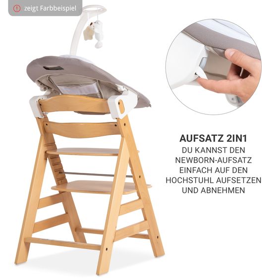 Hauck Beta Plus 5-tlg. Newborn Set - Hochstuhl + 2in1 Neugeborenenaufsatz & Wippe Deluxe + Essbrett + Sitzkissen - Sand - Whitewashed