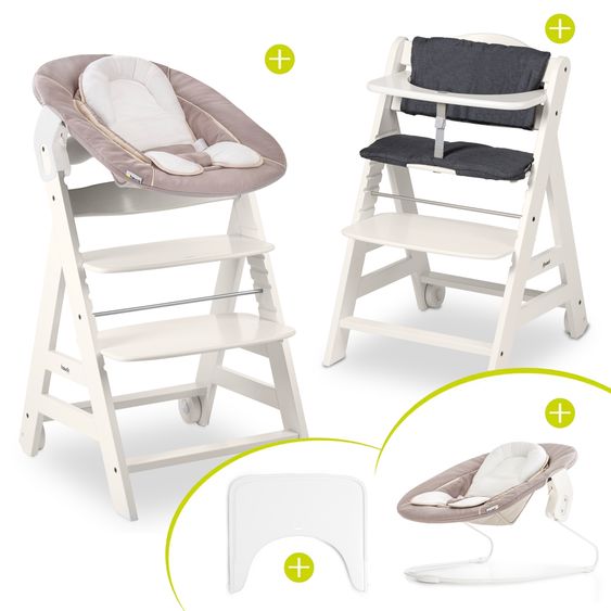 Hauck Beta Plus Set Nouveau-né 5 Pièces - Chaise Haute + 2in1 Adaptateur Nouveau-Né & Bascule + Coussin De Siège + Plateau Repas - Stretch Beige - Blanc