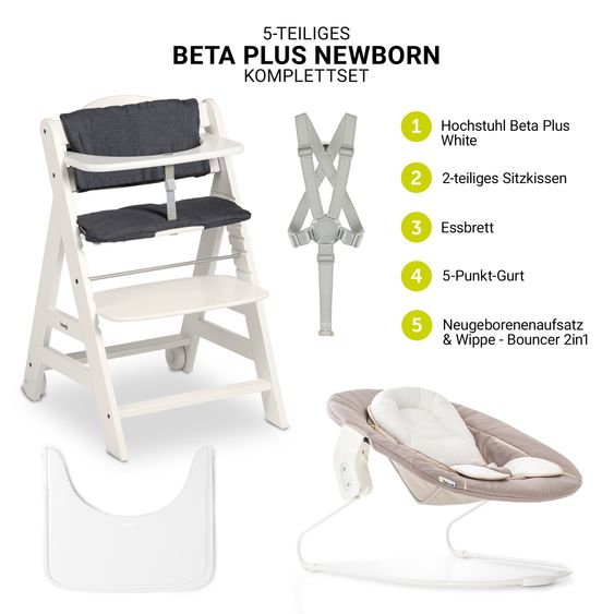 Hauck Beta Plus Set Nouveau-né 5 Pièces - Chaise Haute + 2in1 Adaptateur Nouveau-Né & Bascule + Coussin De Siège + Plateau Repas - Stretch Beige - Blanc
